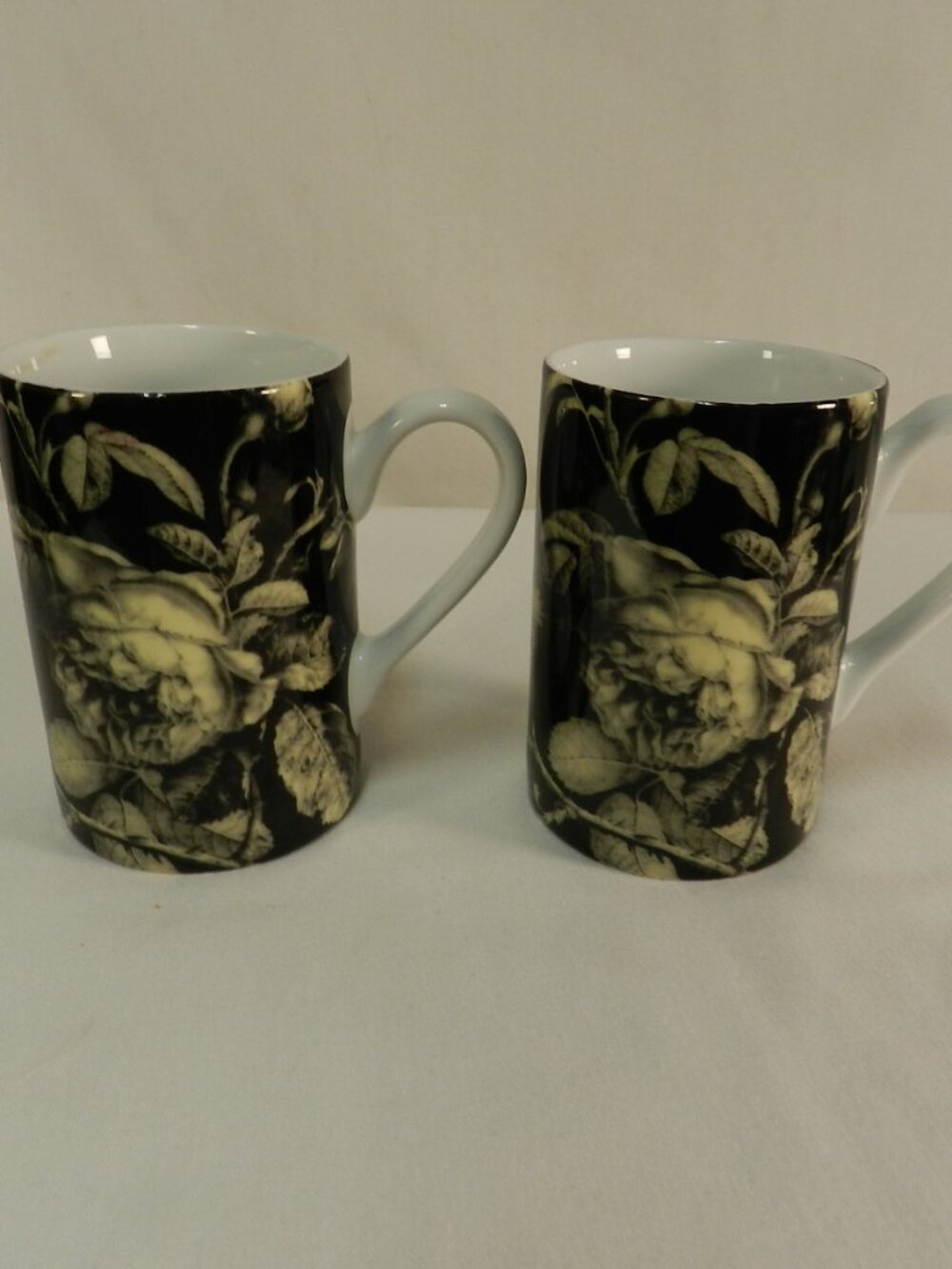 Hallmark Vintage porcelain Rose pattern black cream floral 8 oz mug cup set 2